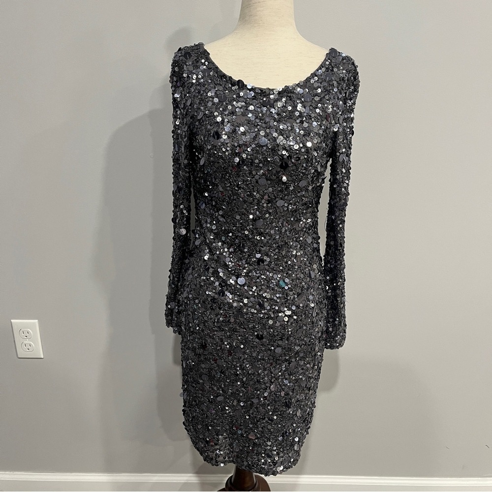 Aidan Mattox Silver Long Sleeve Sequin Cocktail‎ Dress 4